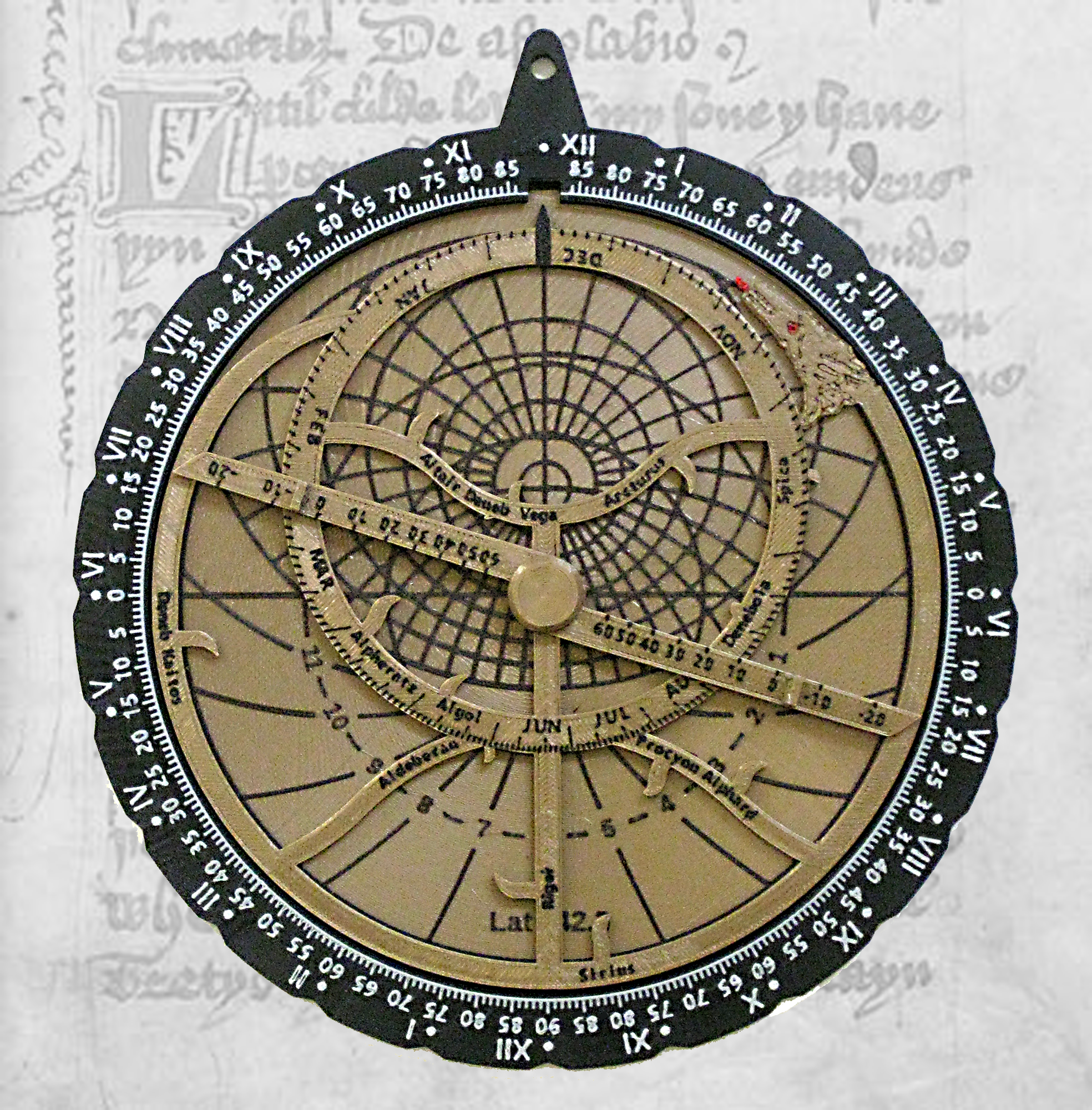 Astrolabe front with climate plate, rete, and alidade.  3D printed in bronze